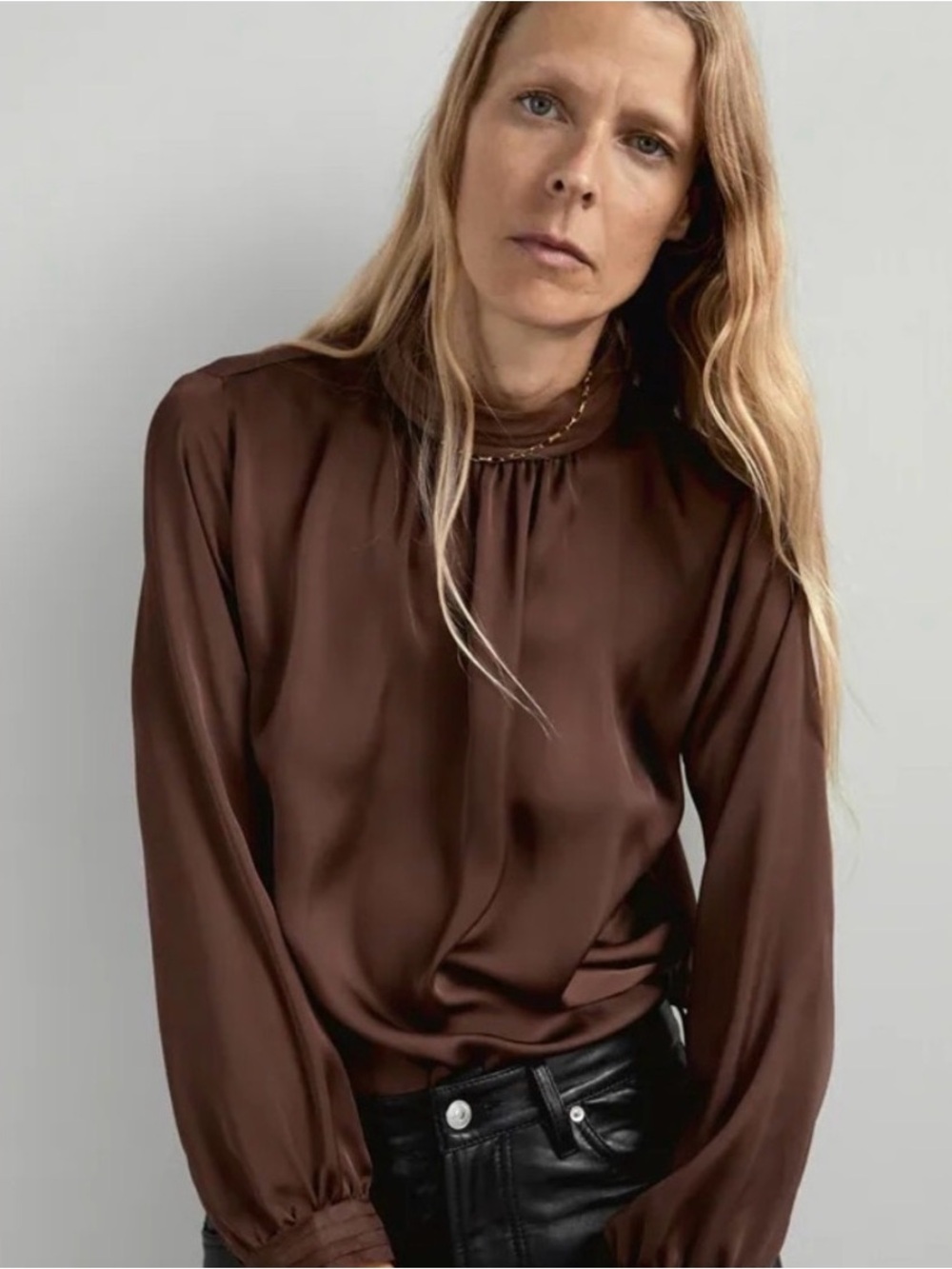 Zara Brown Satin High-Neck Blouse